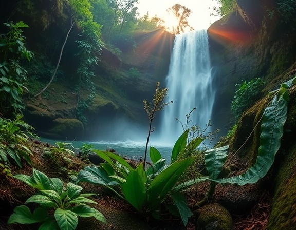 resilient plantrescue, tender, healing, photorealistic, near a cascading waterfall in a ravine, highly detailed, moist plants and rainbow mist, ultra-sharp image, deep greens and blues, diffuse sunrise light, shot with a fish-eye lens.