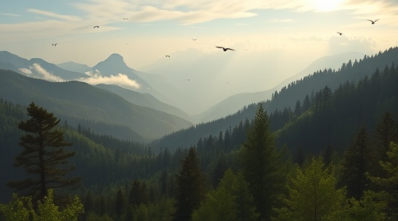 breathtaking outdoor landscape, awe-inspiring, capturing the vastness of the natural world, photorealistic, lush forests fading into mist-covered mountains, highly detailed, birds soaring across the sky, 8k resolution, lush greens, diffused morning light, shot with a Sony FE 24-105mm f/4 G lens.
