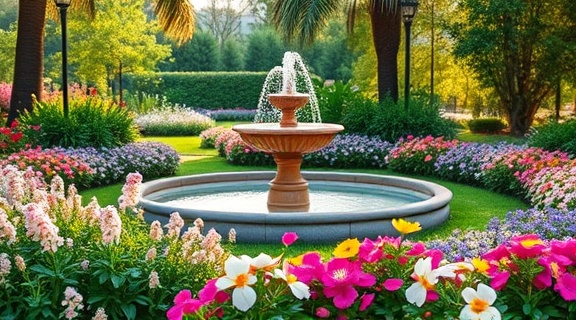 peaceful garden landscape, calming, inviting for a stroll, photorealistic, colorful flower beds surrounding a gently bubbling fountain, highly detailed, petals gently swaying in the wind, 8k resolution, pastel colors, soft afternoon lighting, shot with a Panasonic Lumix S 24-105mm f/4 MACRO lens.