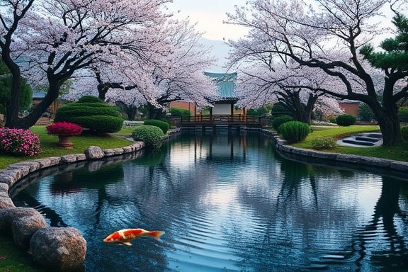 tranquil garden landscape, serene, perfect for meditation, photorealistic, koi pond with crystal-clear water surrounded by cherry blossom trees, highly detailed, soft ripples in the water, 8k resolution, pink blossoms, gentle evening light, shot with a Leica DG Vario-Elmarit 8-18mm f/2.8-4 lens.
