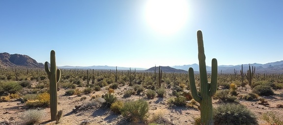 harsh cactus landscape, stark, defying the elements, photorealistic, sprawling desert with various species of cactus under a bright sun, highly detailed, heat waves rising from the ground, 8k resolution, sharp greens and browns, clear midday light, shot with a Tamron 28-75mm F/2.8 Di III RXD lens.