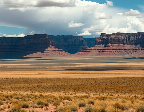 expansive outdoor landscape, majestic, capturing the raw beauty of nature, photorealistic, open plains stretching towards towering cliffs, highly detailed, clouds casting shadows over the land, 8k resolution, natural earth tones, dynamic lighting, shot with a Tokina AT-X 11-20mm f/2.8 PRO DX lens.
