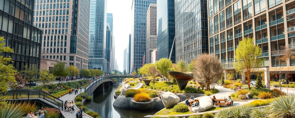 modern landscape architecture, innovative expression, seamlessly integrating with nature, photorealistic, urban park with sculptural plants and water features surrounded by skyscrapers, highly detailed, people enjoying a picnic, HDR, earthy tones with sleek metal grays, soft natural lighting, shot with a tilt-shift lens.