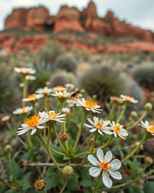 rich Arizona flora, curious perspective, analyzing biodiversity, photorealistic, backdrop of red rock formations, highly detailed, fluttering insects among blooms, ultra-wide focus, vibrant greens and browns, diffused lighting, shot with a 24mm wide-angle lens