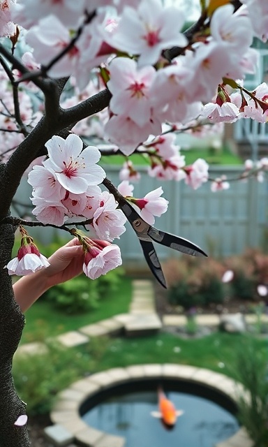 meticulous gardener practicing tree pruning on a cherry blossom tree, delicate, using small shears, photorealistic, serene backyard with a small koi pond, highly detailed, petals softly falling in the breeze, 4K resolution, soft pinks and whites, cool diffused lighting, shot with a 50mm lens.
