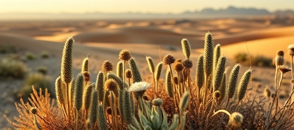 extensive plant collection, inquisitive study, identifying specimens, photorealistic, rolling desert dunes and distant mountains, highly detailed, occasional dust whirlwinds, close-up depth of field, muted yellows and oranges, early morning lighting, shot with a 50mm standard lens