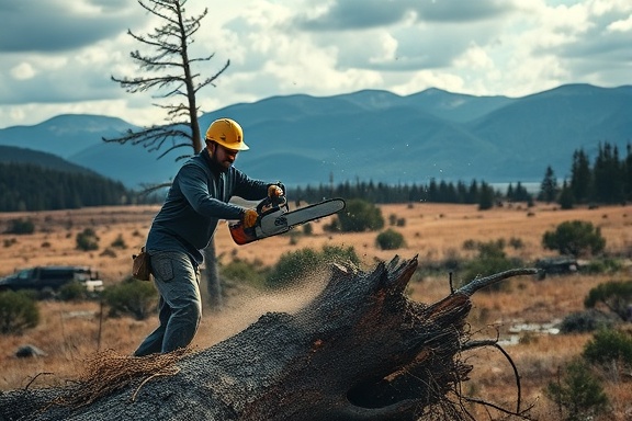 worker efficiently cutting down a dead pine tree, determined, operating a chainsaw, photorealistic, rural landscape with a distant mountain range, highly detailed, sawdust flying through the air, 8K resolution, muted browns and greens, sunlight filtering through clouds, shot with a 70-200mm lens.