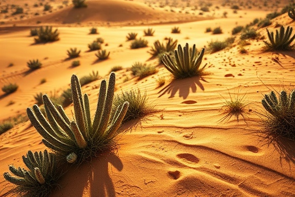 breathtaking desert plants, admiring wonder, capturing essence, photorealistic, panoramic view of sandy terrain with sparse vegetation, highly detailed, gentle sunlight filtering through, vivid resolution capture, deep ochre and green palette, golden hour lighting, shot with a 70-200mm telephoto lens
