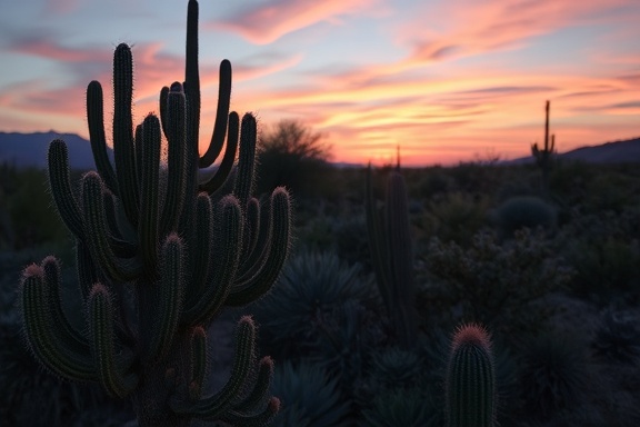 captivating plant inventory, thoughtful reflection, studying patterns, photorealistic, serene Arizona sunset over flora, highly detailed, twinkling stars beginning to appear, clarity enhancement, pastel pinks and purples, twilight lighting, shot with a 35mm lens