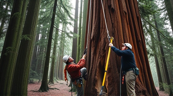arboreal expert performing tree pruning on a towering redwood, precise, with specialized equipment, photorealistic, national park with towering trees around, highly detailed, the forest floor covered with fallen leaves, 10K resolution, deep rich greens and browns, soft ambient light through canopy, shot with a 16-35mm lens.