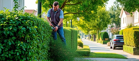 landscaper engaged in tree cutting of an outgrown hedge, skillful, utilizing electric trimmers, photorealistic, quiet residential street lined with well-tended gardens, highly detailed, trimmed branches gently fall to the ground, 5K resolution, fresh greens, crisp morning lighting, shot with a 100mm macro lens.