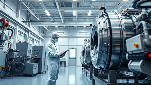 High-tech lab with workers in cleanroom suits examining equipment.