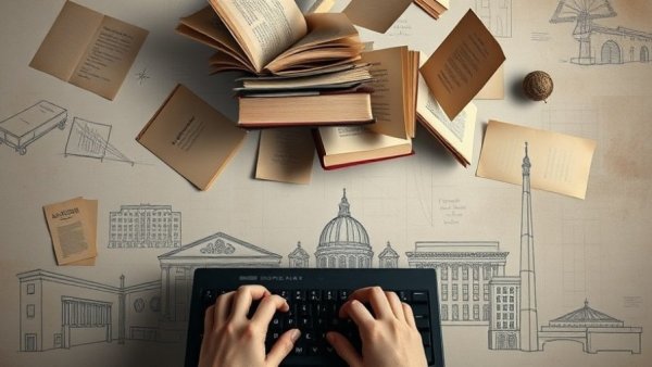 Surreal scene of books and keyboard, artistic and nostalgic.