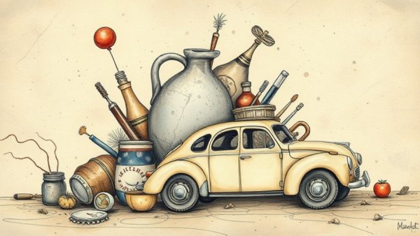 Surreal hand-drawn abstract composition of various objects, including a jug and car, promoting Enhanced Games and Genetic Modification in Sports topic.