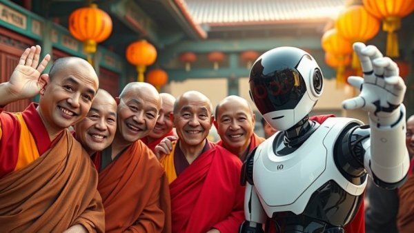 Buddhist monks in South Korea enjoy interacting with AI robot.