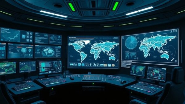 Futuristic AI military advisor interface in command center.