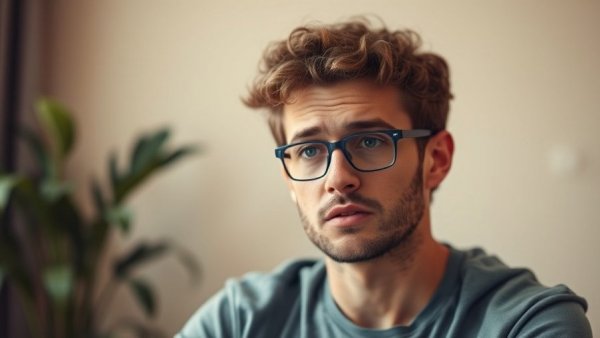 Curly-haired man looks concerned, addressing AI risks and dangers.