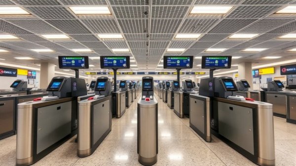 Automated passport control gates at UK border, AI age estimation focus.