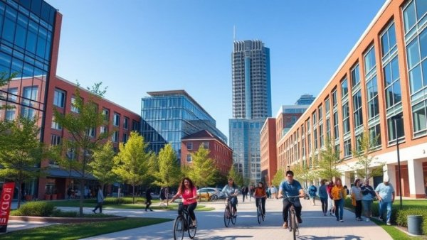Massachusetts tech leadership campus with students and modern buildings