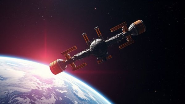 International Space Station above Earth, red-tinted tension atmosphere.