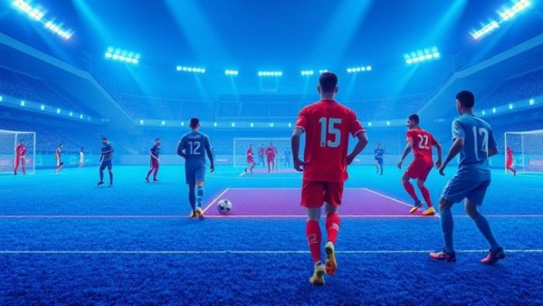 Digital soccer players analyzed with VAR on blue pitch for mental fitness in sports.