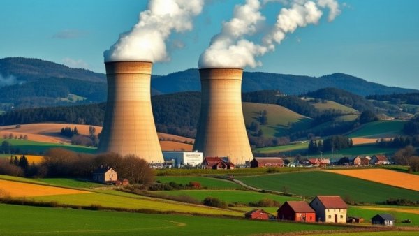 Europe's heatwave impacts power plants; cooling towers in countryside.