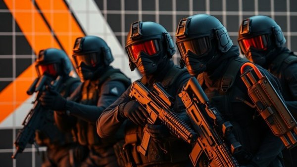 SWAT team in action against a bold orange backdrop.