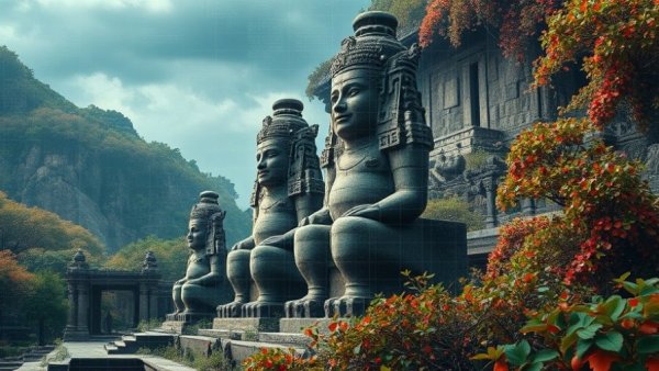 Surreal collage of ancient ruins and modern technology, exploring heat waves and mental health.