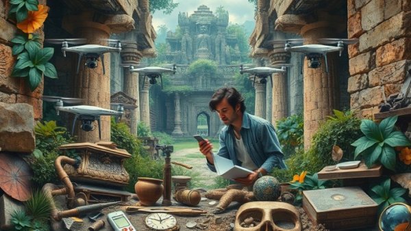 Collage exploring archaeology with ancient and modern elements.