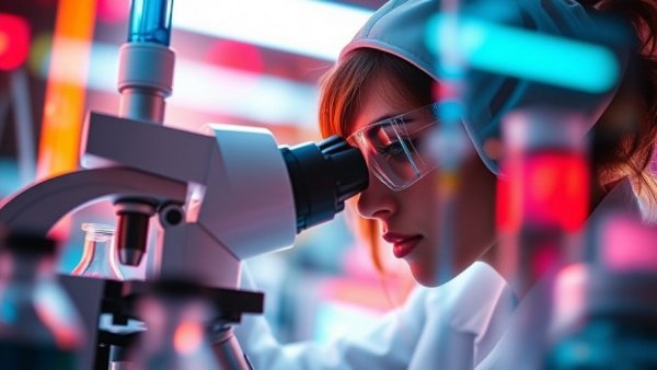 Abstract vibrant image of scientist using microscope with Claude Science AI theme.