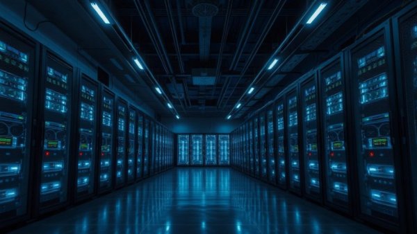 Dimly lit server room with illuminated server racks.