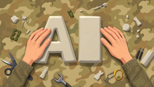 Novice coders sculpting AI letters, symbolizing military applications.