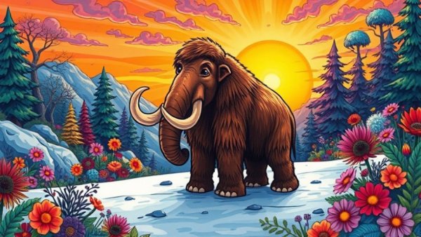 Cartoon woolly mammoth in colorful fantasy landscape, stake in OpenAI
