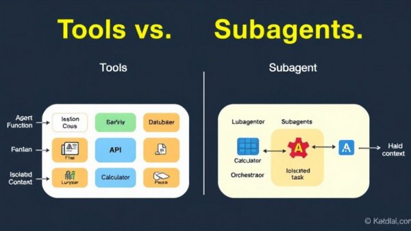 Diagram illustrating Tools vs Subagents in AI, highlighting execution and reasoning roles.
