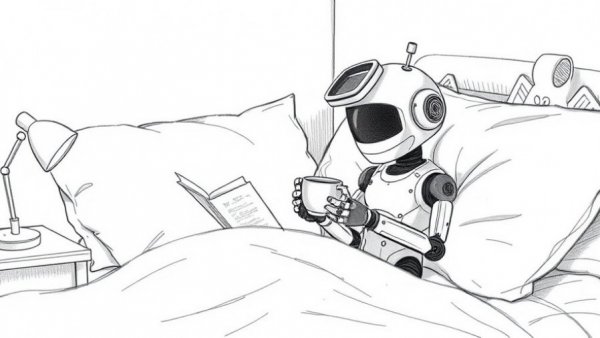 GPT Red heat pumps rise in the US: cozy scene of a person in bed served by a robot.