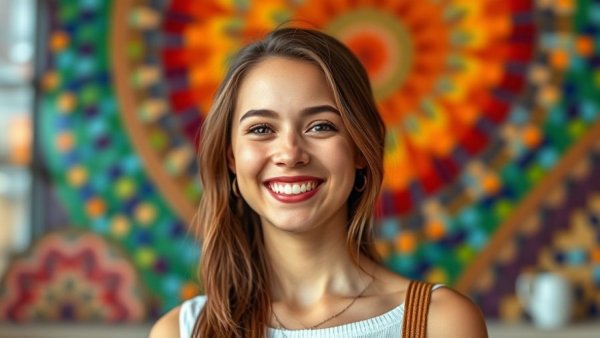 Smiling young woman near colorful mosaic, power of inquiry in technology
