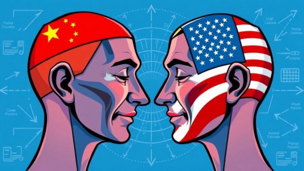 China and USA symbolic face-off with AI concepts, abstract art.