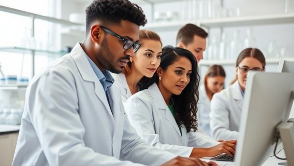 Scientists in lab coats working at computer in modern lab