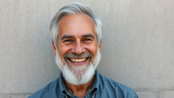 Older man smiling in front of concrete wall, lifelike portrait.