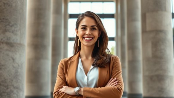 Confident woman smiling in professional attire near stone columns under bright light.