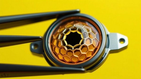 Futuristic eye implant close-up, held by tweezers, yellow-green background