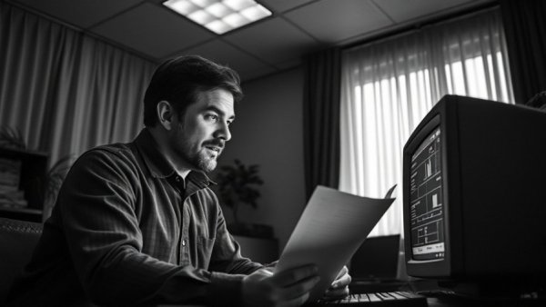 Men analyze data on vintage computer screen in office.