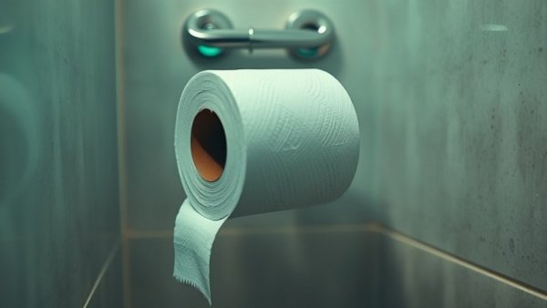 Empty toilet paper roll highlighted by green neon light symbolizing scarcity.
