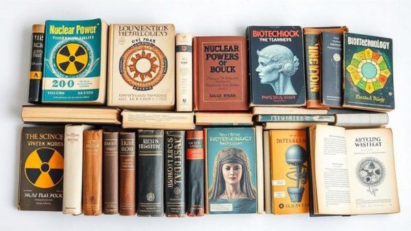 Collection of vintage scientific books depicting technologies and innovations.