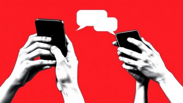 Grayscale hands with phones communicating on red background.