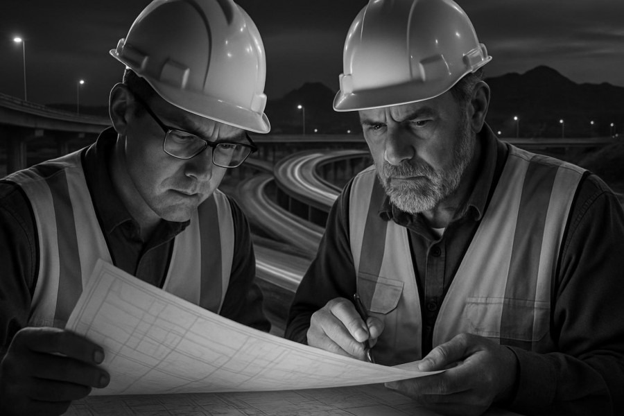Photorealistic macro shot of technicians in complex highway engineering, Arizona backdrop.