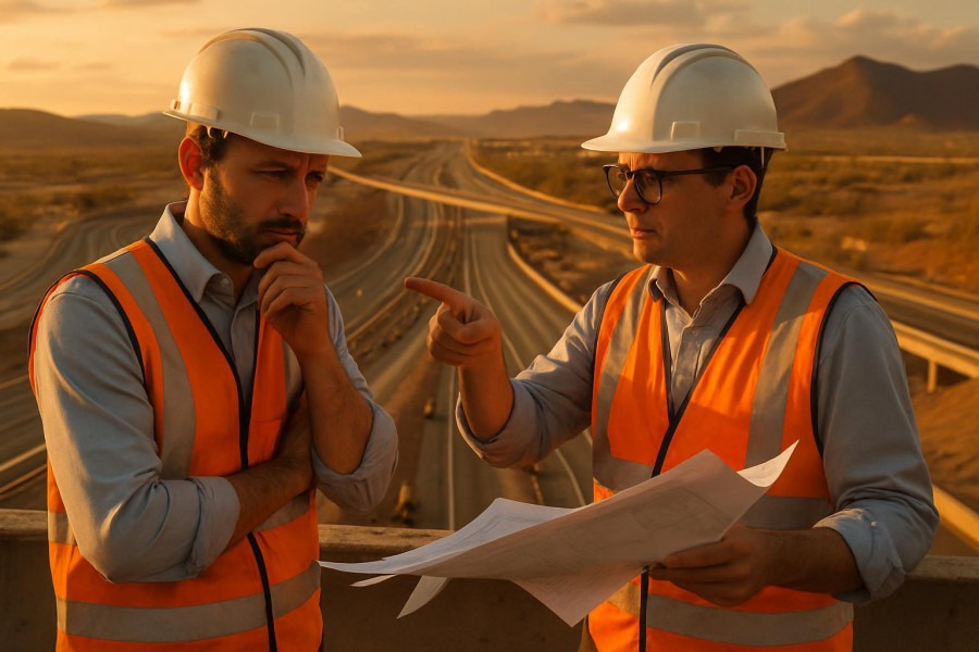 modern highway engineering, thoughtful expression, engineers discussing, photorealistic, overlooking a vast bridge construction site, highly detailed, wind blowing papers, enhanced details, warm tones, golden hour lighting, shot with a 50mm prime lens.