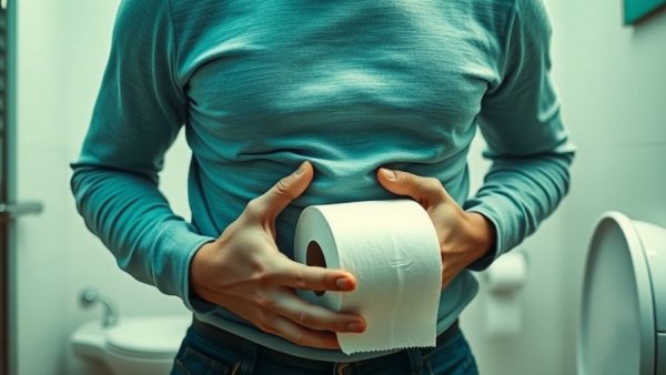 Person experiencing discomfort holding toilet paper in green bathroom, diarrhea lettuce epidemic