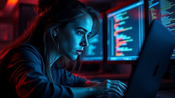 Focused woman at tech setup amid AI discussions.