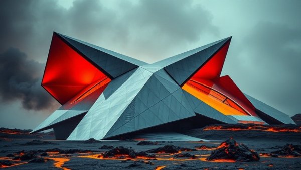 Futuristic structure with lava flows in a smoky landscape